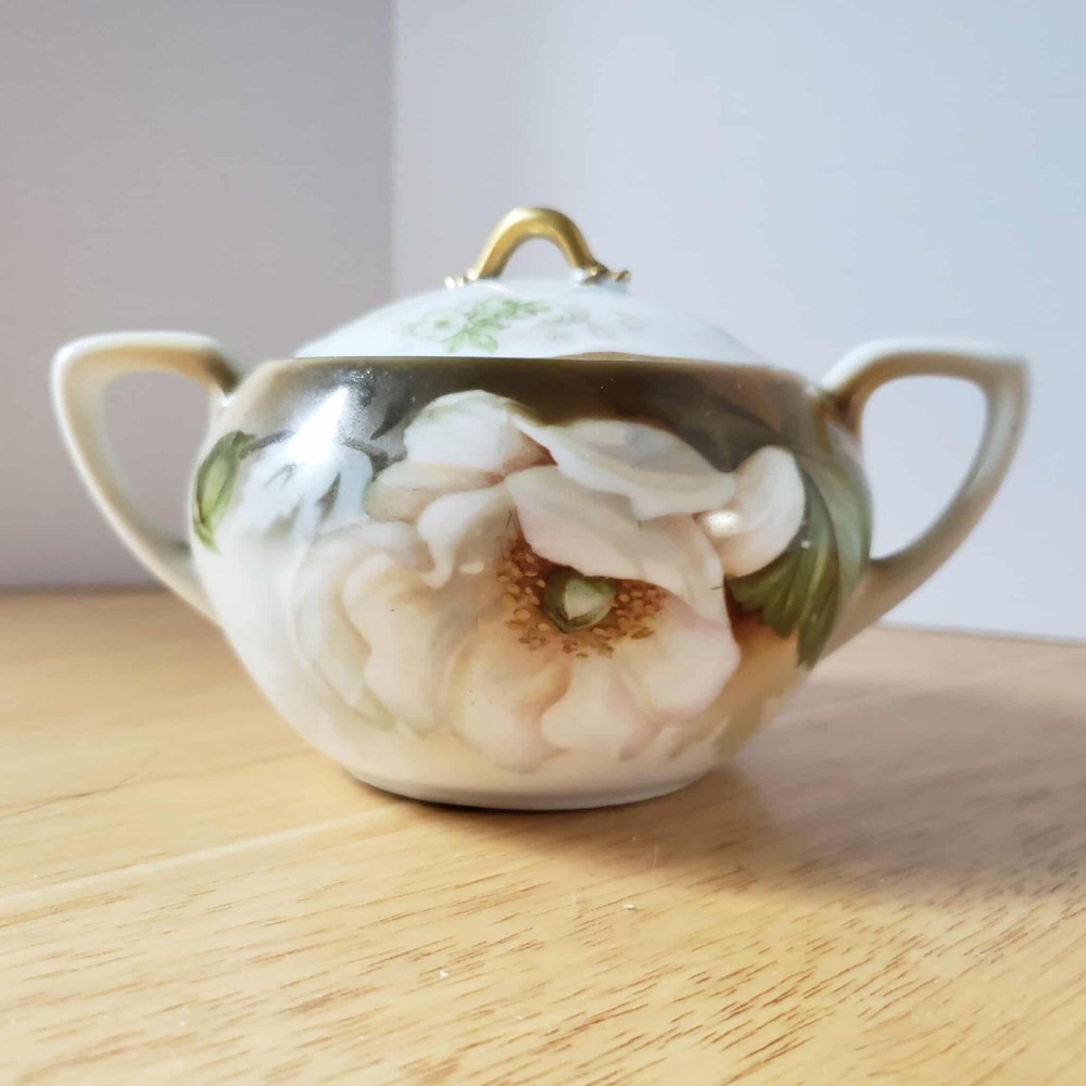 RS Germany Hand Painted Sugar Bowl w Lid Floral Gold Trim‎ Antique 1910s